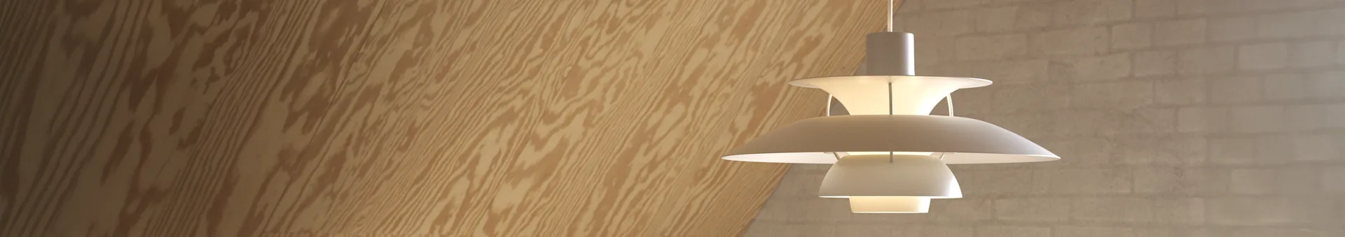 Tiered white pendant lamp against a light wood wall and a subtle brick-patterned wall.