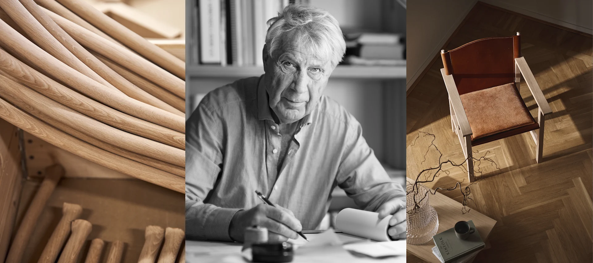 Triptych of wooden components, a designer sketching at a desk, and a finished wooden chair in a room with a herringbone floor.
