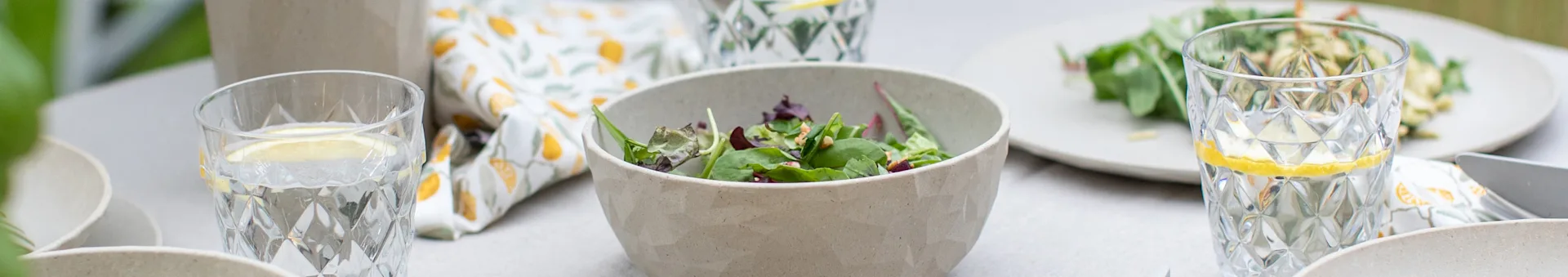 Outdoor table setting with a bowl of mixed green salad, two glasses of water with lemon, and plates.