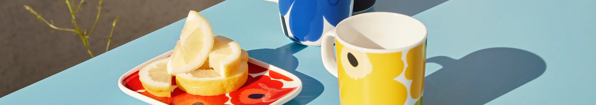 Lemon slices on a red patterned plate next to a yellow patterned mug on a blue table.